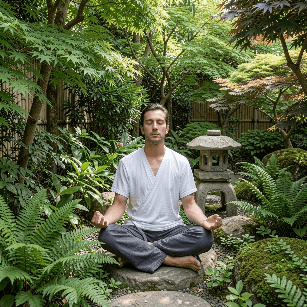 Person som mediterar i lugn miljö